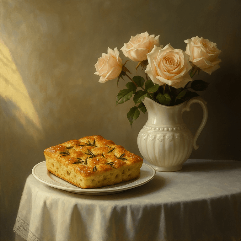 Freshly baked focaccia with rosemary and sea salt, styled on a white table with a vintage pitcher of blush roses beside it.