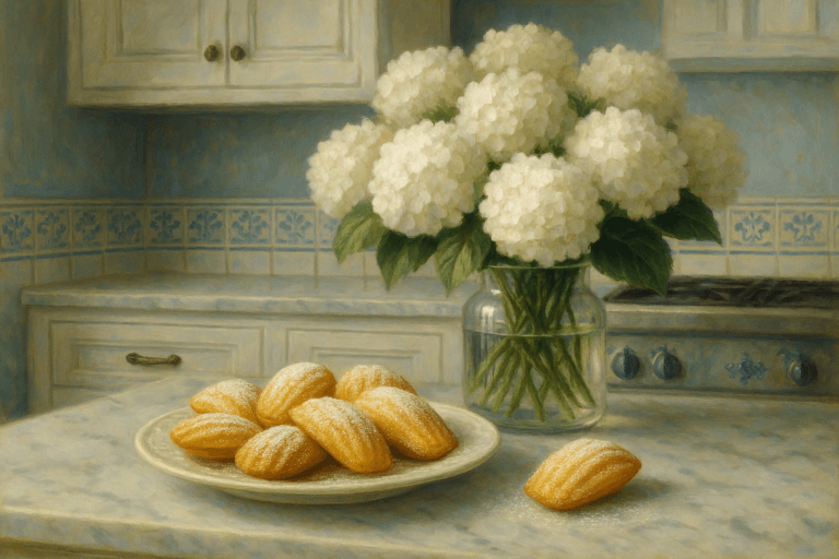 Classic French madeleines on a table with white hydrangeas – a timeless shell-shaped butter cake