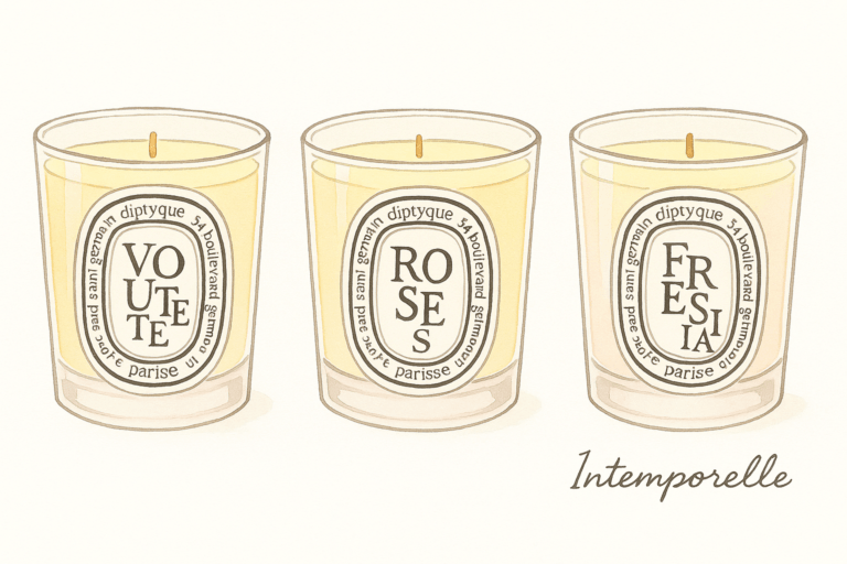Three iconic Diptyque candles – Votive, Roses, and Freesia – styled for a refined and elegant ambiance