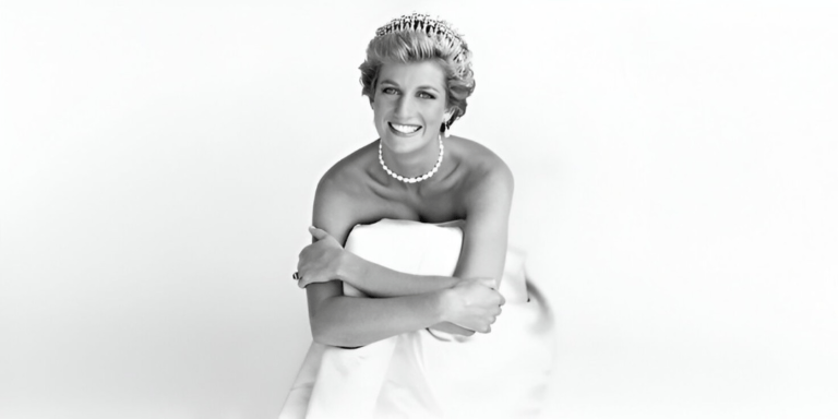 Princess Diana in a white dress — a symbol of feminine presence, softness, and timeless influence.